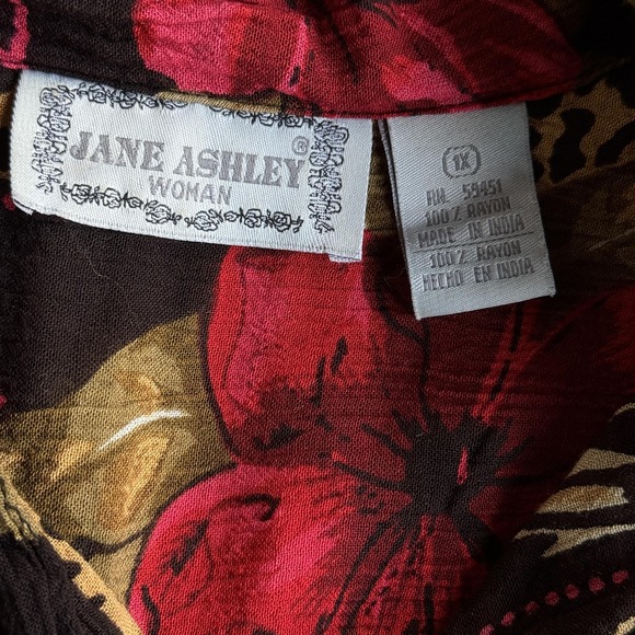 Jane Ashley Shirt Womens 1X Brown Leopard Floral Button Front Rayon Top Boho - Picture 6 of 9